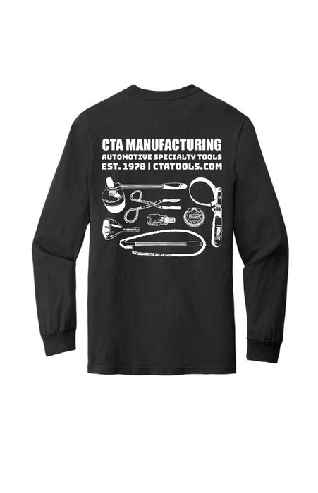 CTA tools men's black long sleeve shirt with white print of best selling automotive tools on back
