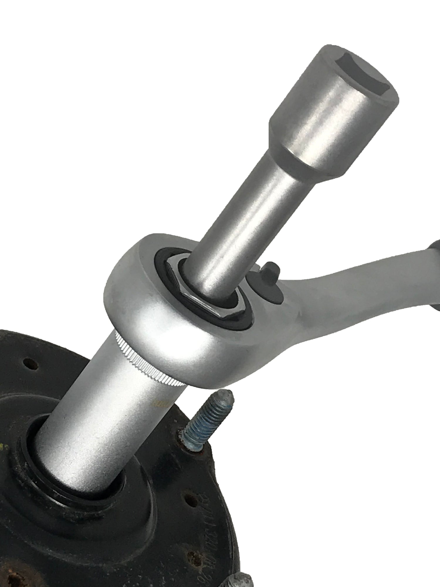 Tightens top mount nut with proper torque while holding the strut